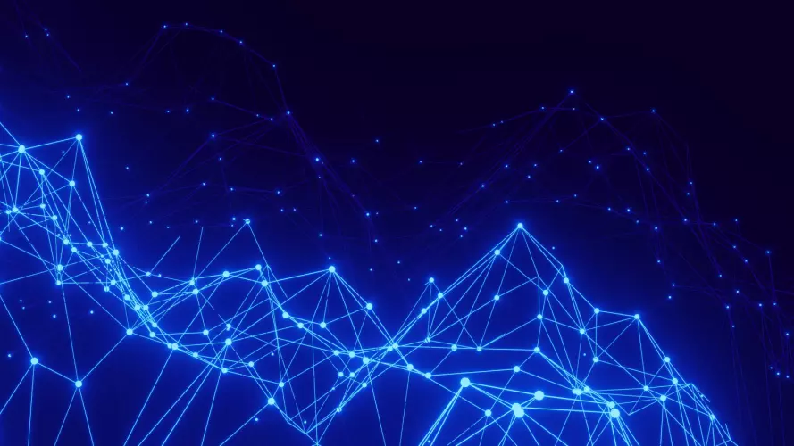Abstract blue lines and dots on a dark background, connected forming a network
